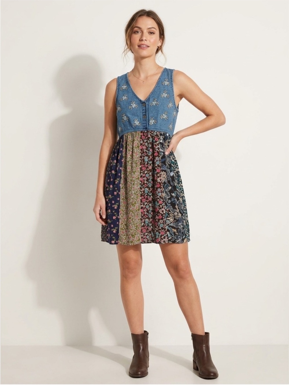 New:Young Threads Embroidered Blue Denim Bodice Floral Patchwork Mini Dress•M